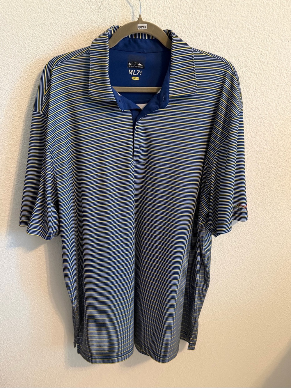 Greg Norman Collection Blue Polo with Yellow & White Stripes